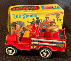 Vintage Japan Tin Friction Old Smoky Fire Truck
