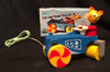 Vintage Japan Wooden Cat On Road Roller Pull Toy
