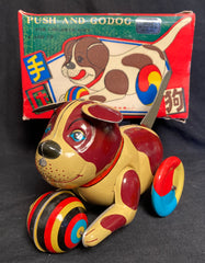 Vintage China Tin Push and Go Dog With Ball